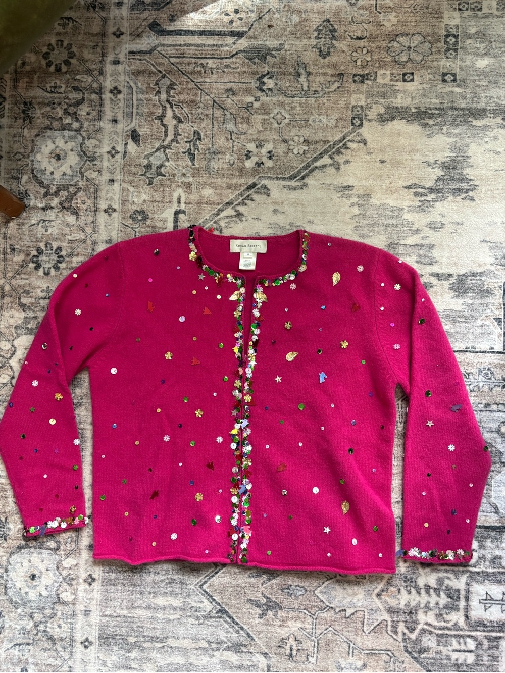 Vintage Susan Bristol pink sequins winter fall cardigan lambswool sweater size M
